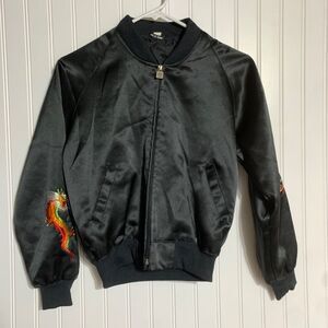 Vintage Korea Souvenir Embroidered Satin Bomber Jacket Military Style Size 13/14